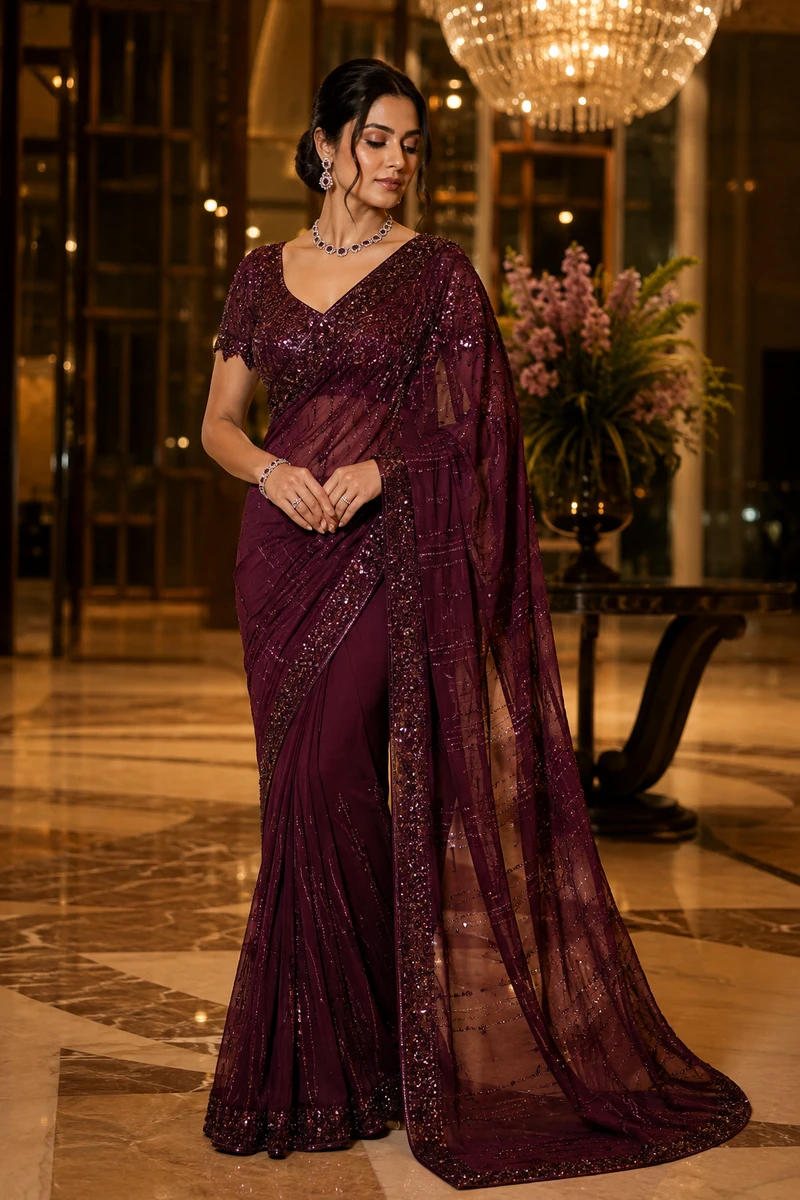Royal Wine Party Wear Saree 1