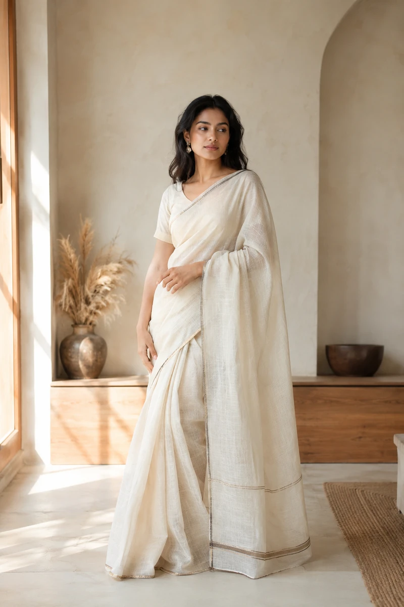 Ivory Mist Linen Saree 1