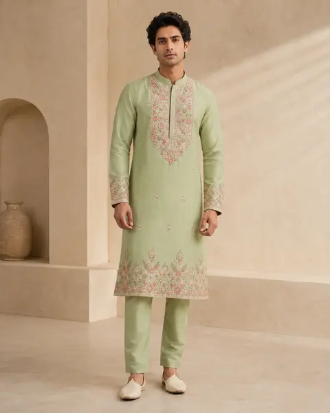 Pista Bloom Heritage Embroidered Kurta Set