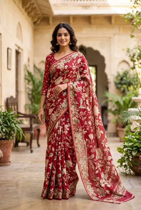 Crimson Bloom Printed Saree