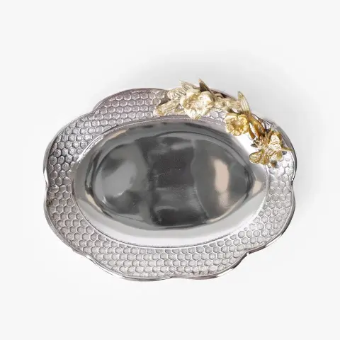 Textured Metal Platter with Gold Leaf Accent for Coffee Table, Dining Table and Luxury Home Decor
