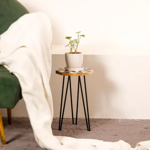 Black & White Wooden Plant Stand with Metal Legs