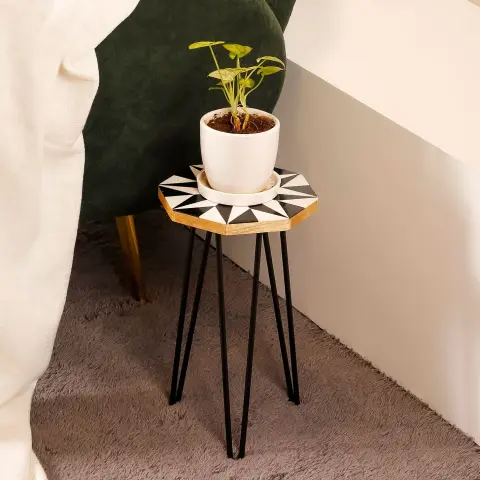 Black & White Wooden Plant Stand with Metal Legs