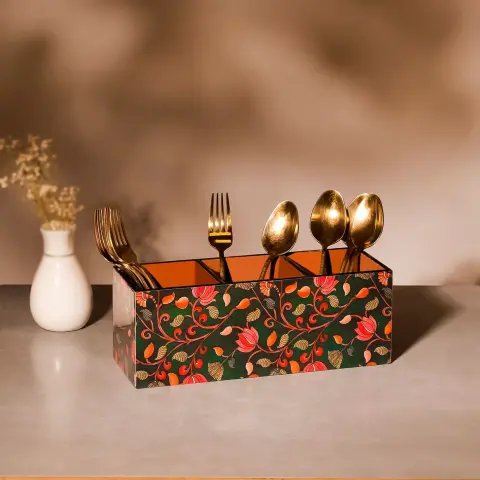 Kalamkari Cutlery Caddy – Wooden Table Organizer for Dining & Kitchen