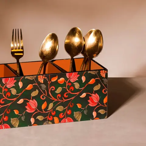 Kalamkari Cutlery Caddy – Wooden Table Organizer for Dining & Kitchen