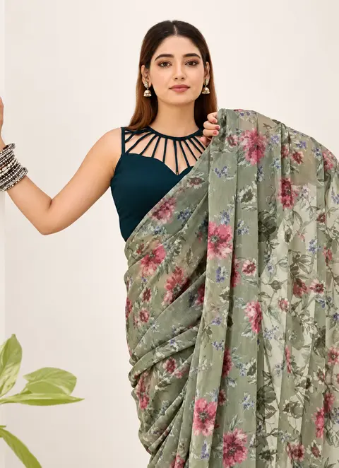 Viscose Brasso Olive Green Casual Wear Floral Print Work Saree