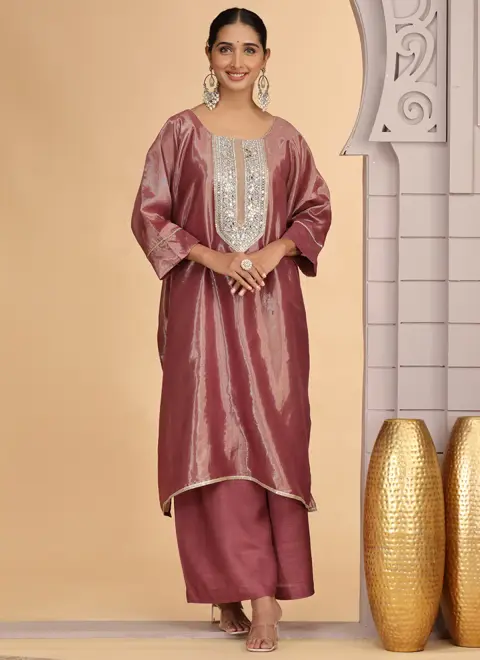 Organza Shimmer Magenta Party Wear Pattern Pc Work Readymade Kurti With Pant
