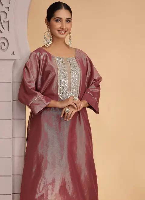 Organza Shimmer Magenta Party Wear Pattern Pc Work Readymade Kurti With Pant