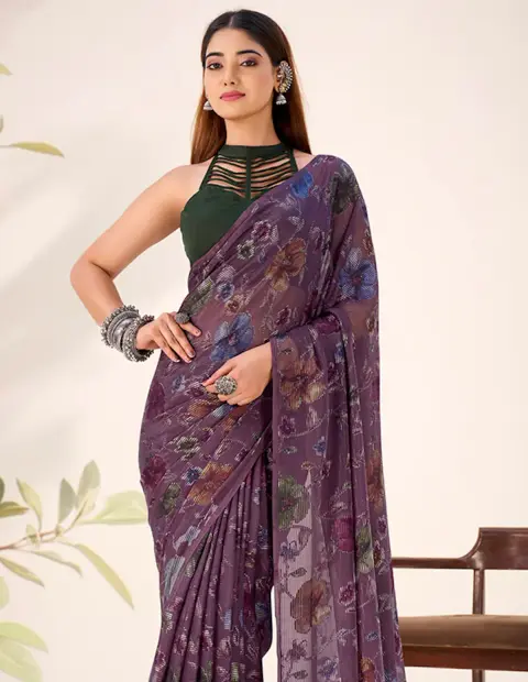 Viscose Brasso Purple Casual Wear Floral Print Work Saree