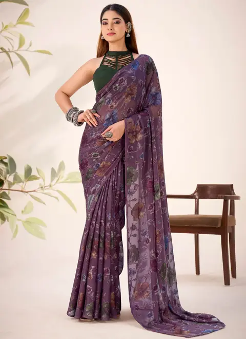 Viscose Brasso Purple Casual Wear Floral Print Work Saree