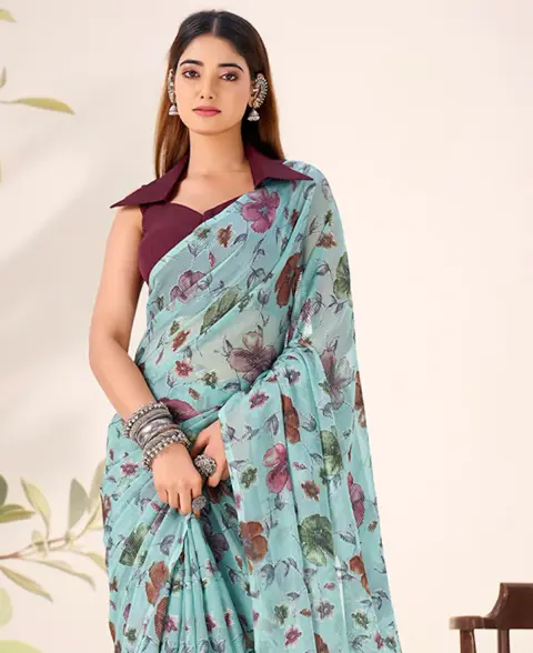 Viscose Brasso Aqua Green Casual Wear Floral Print Work Saree