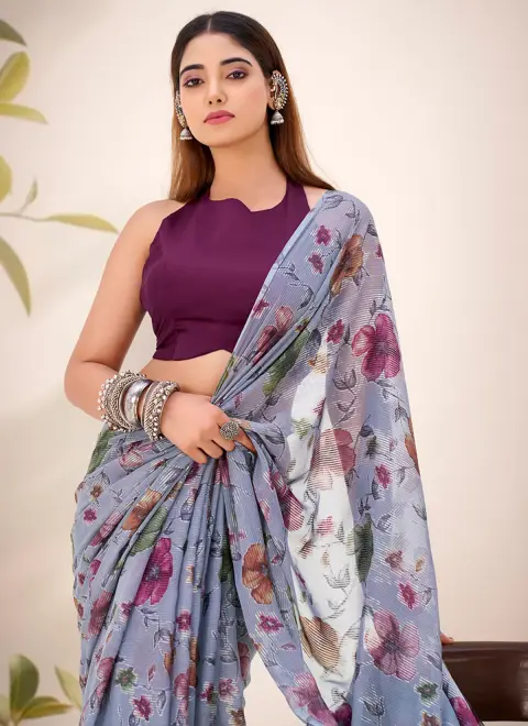 Viscose Brasso Smoky Grey Casual Wear Floral Print Work Saree
