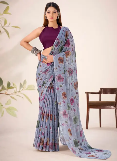 Viscose Brasso Smoky Grey Casual Wear Floral Print Work Saree