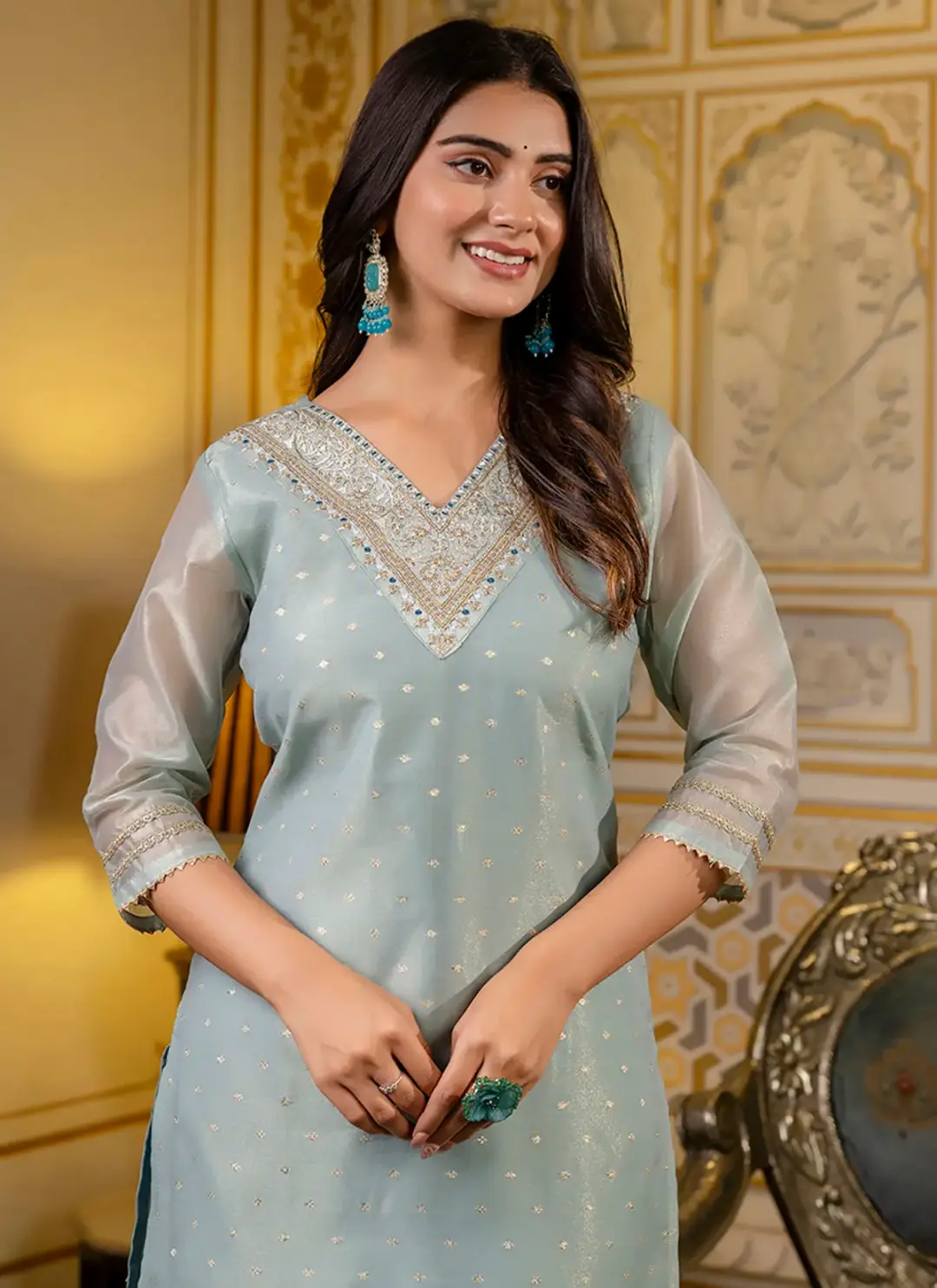 Shimmer Silk Sky Blue Casual Wear Embroidery Work Readymade Kurti 1