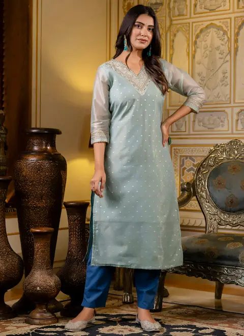 Shimmer Silk Sky Blue Casual Wear Embroidery Work Readymade Kurti